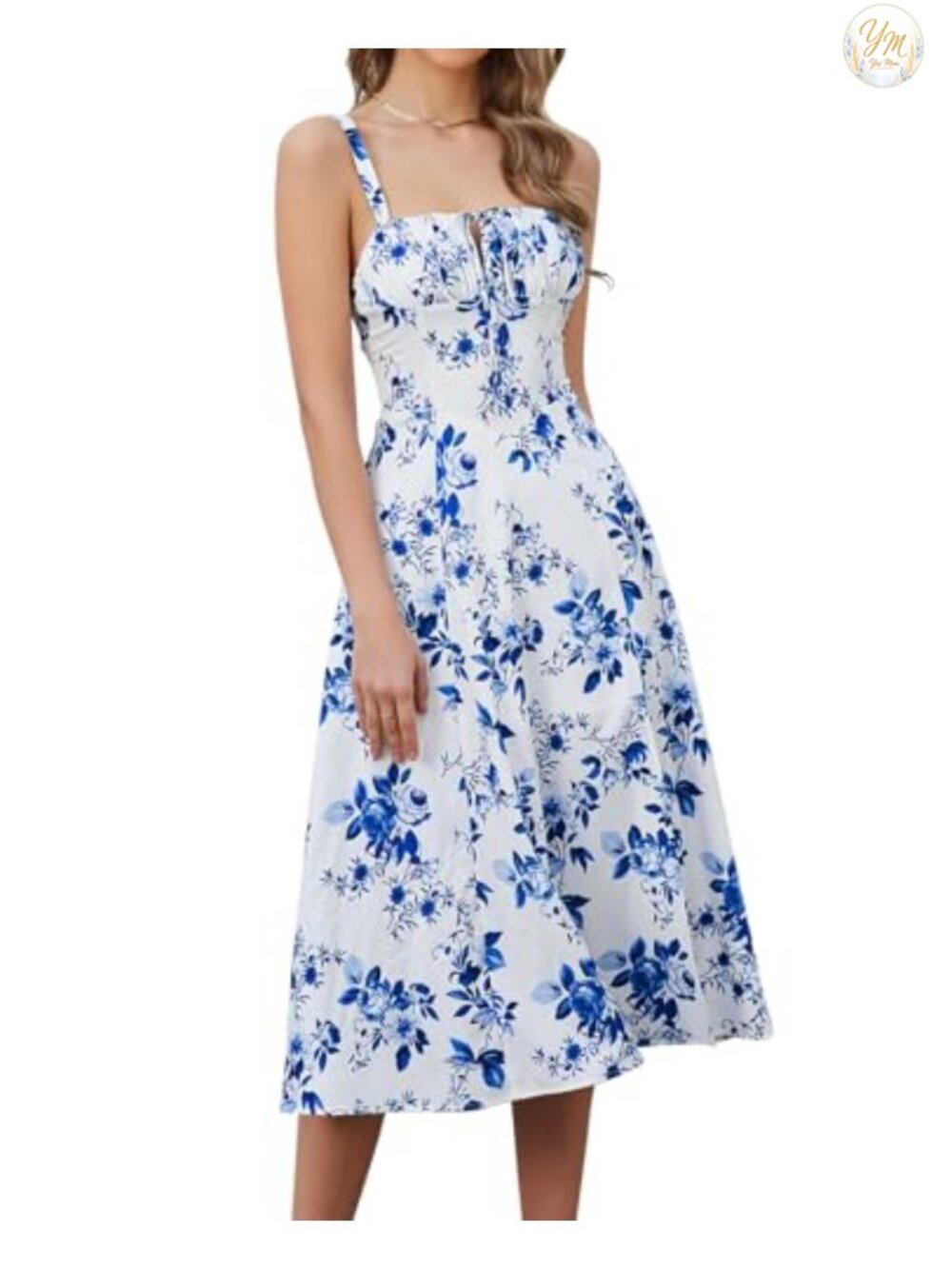 Corset Midi Sundress with Square Neck, Sleeveless, Lace Up Back, Split